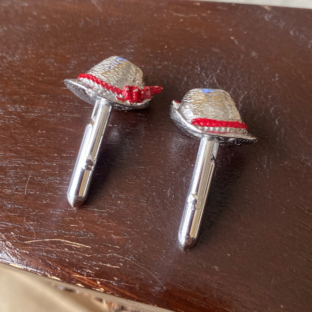 Vintage fedora hat, chrome cufflinks with red ribbon